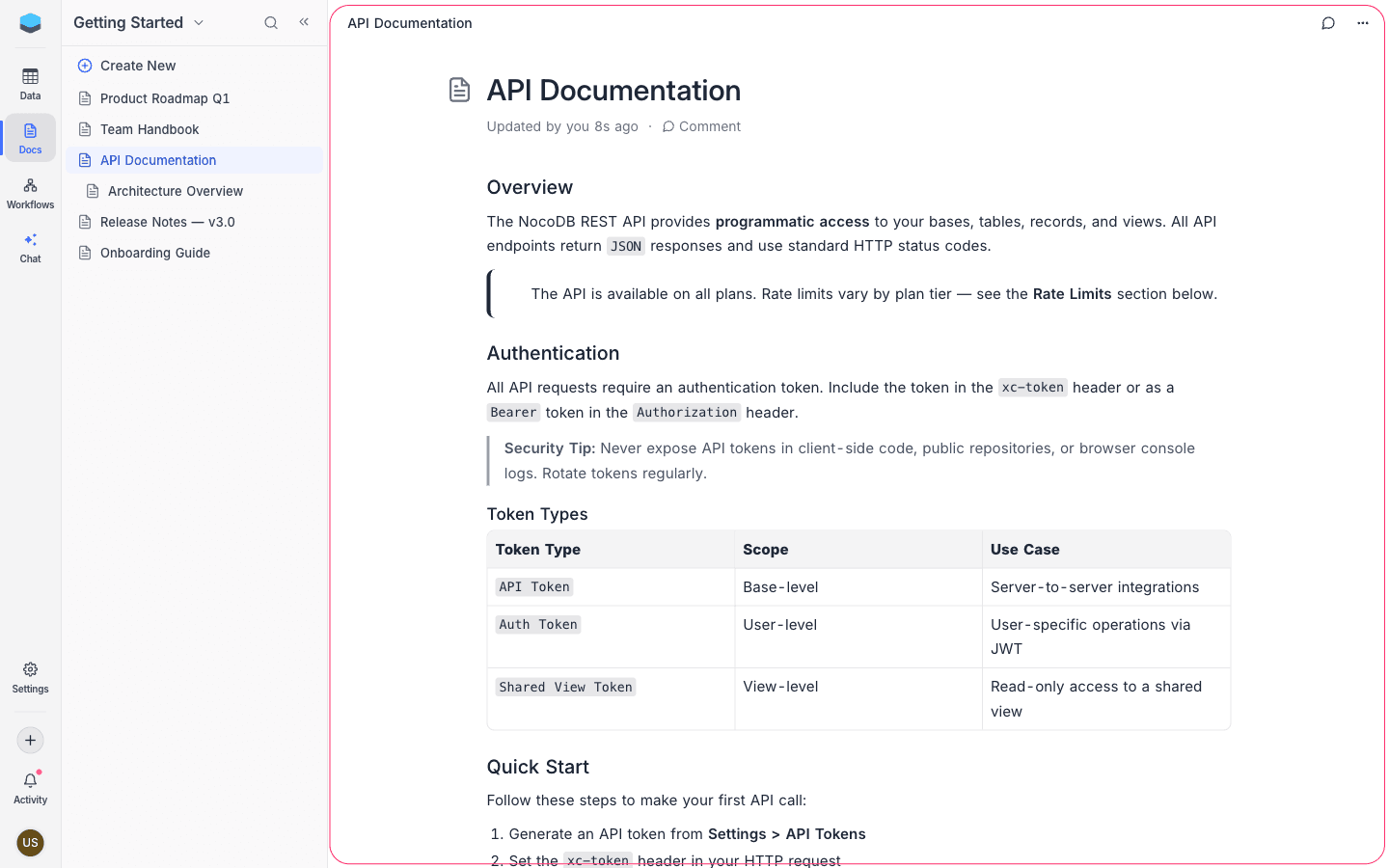 NocoDocs editor with content