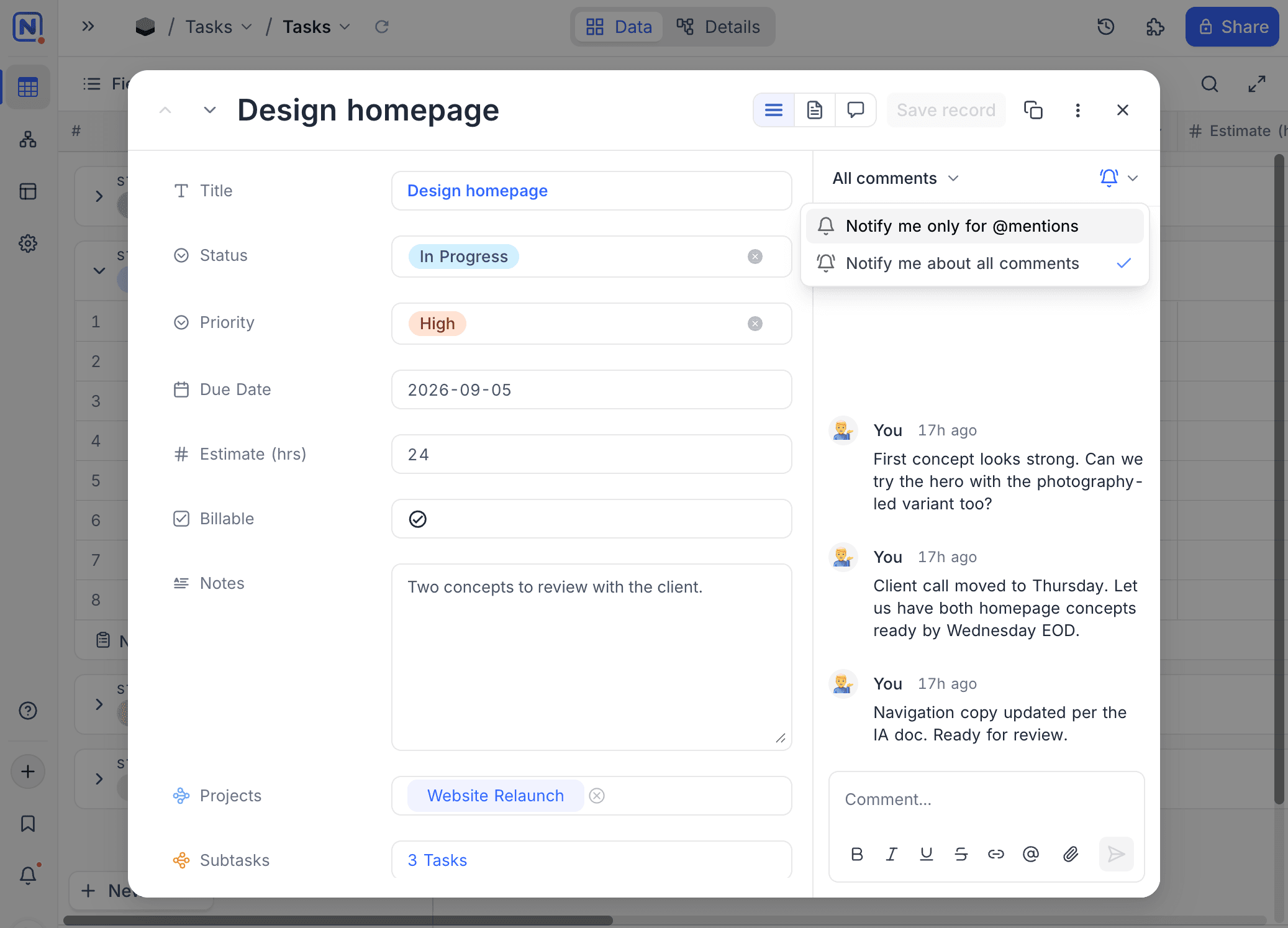 Comment notification bell with its two options