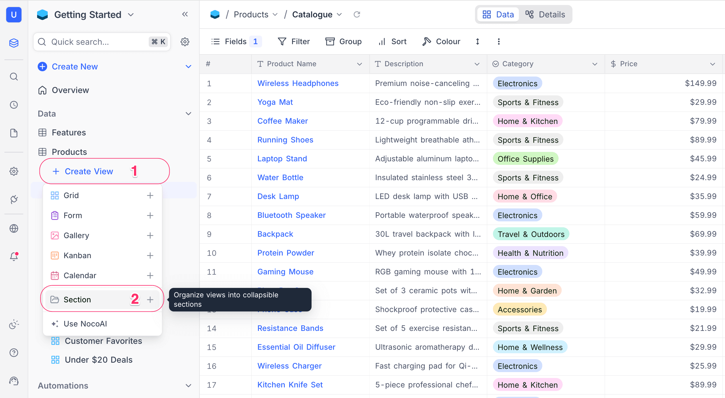 Create section from menu