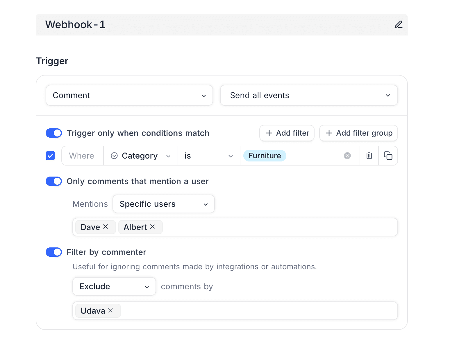Comment webhook filters