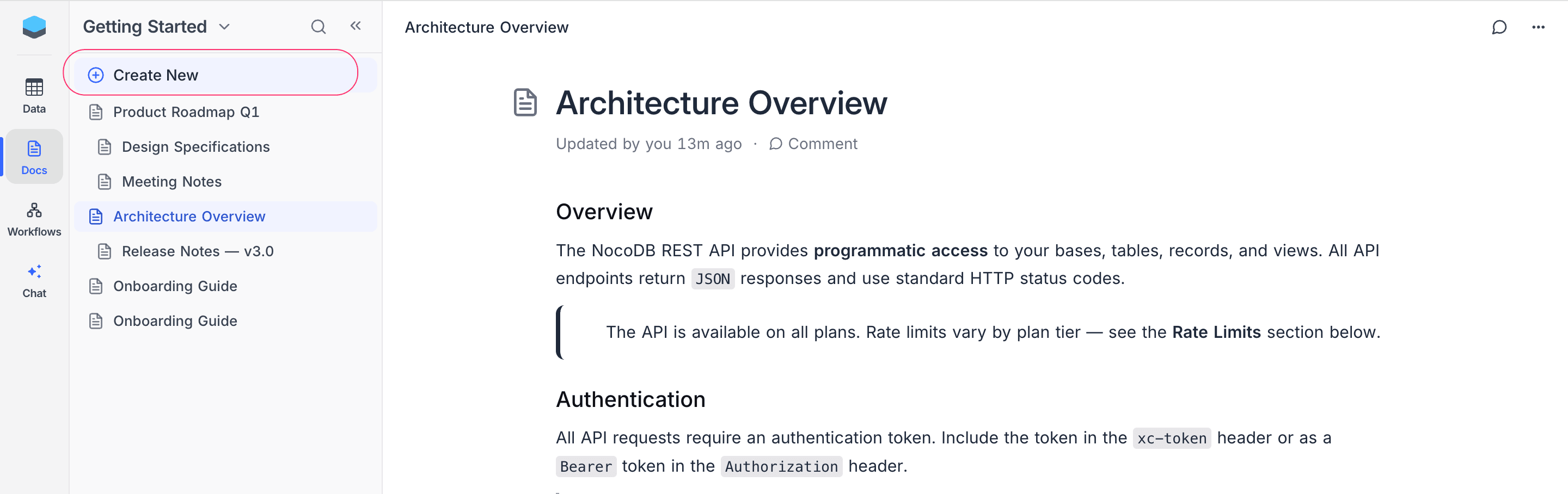 Create a new document from sidebar