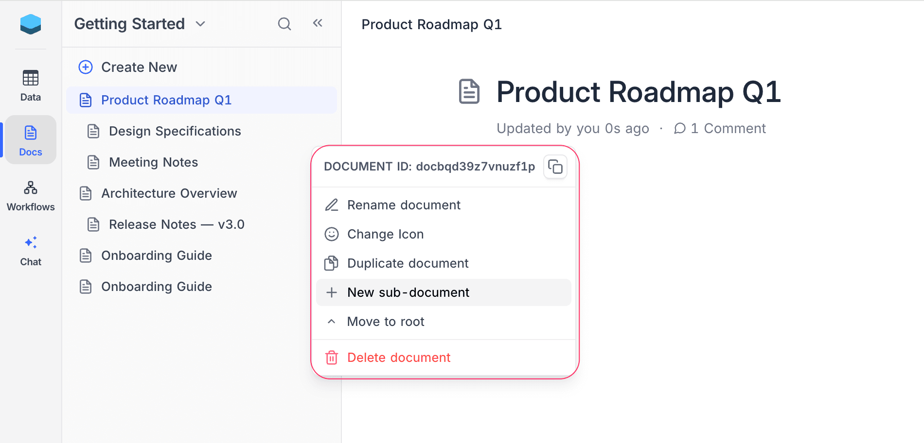 Document context menu with rename, duplicate, delete options