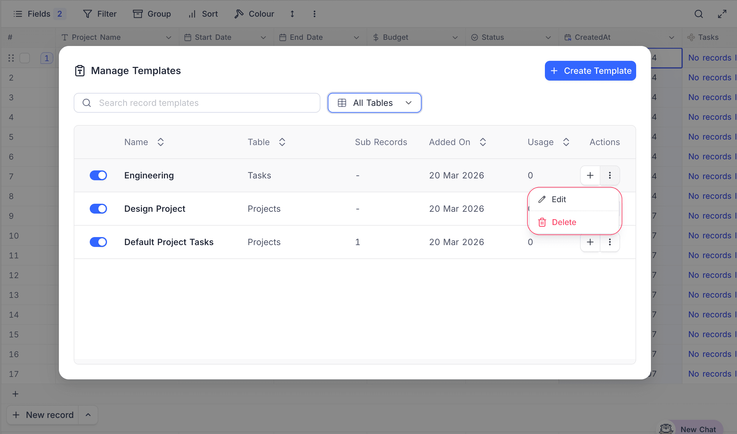 Edit and Delete actions