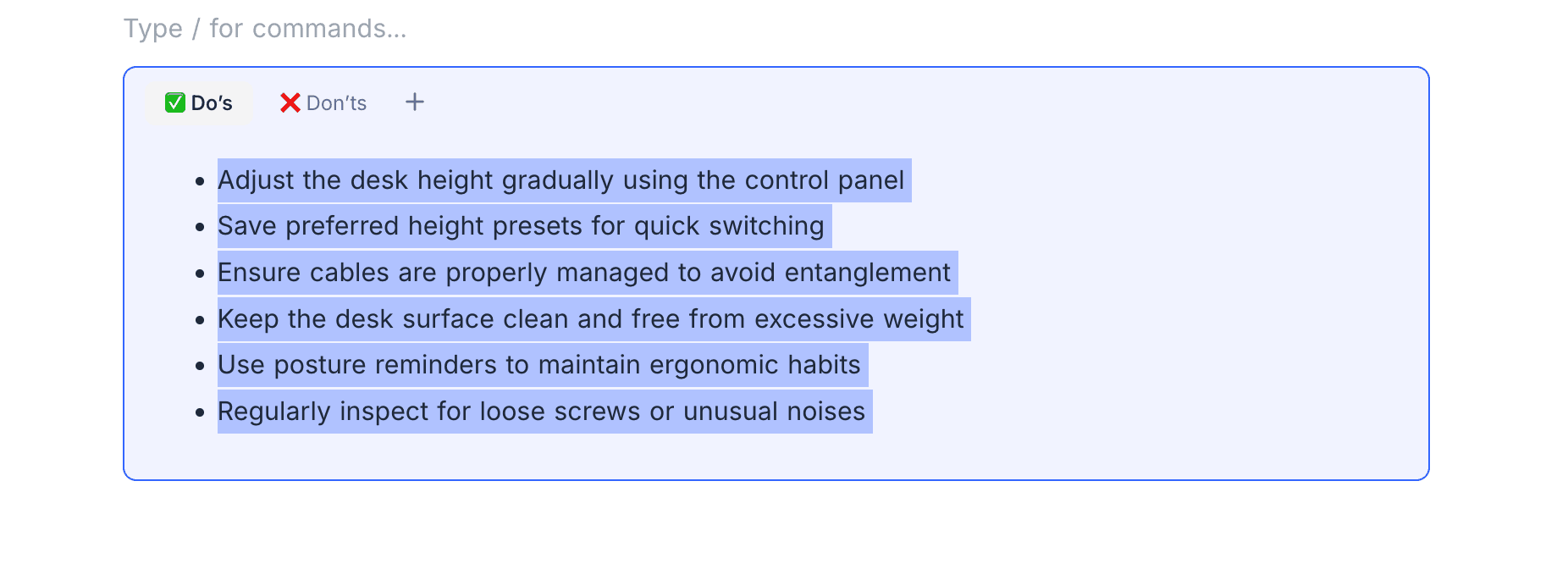 Selected tabs block