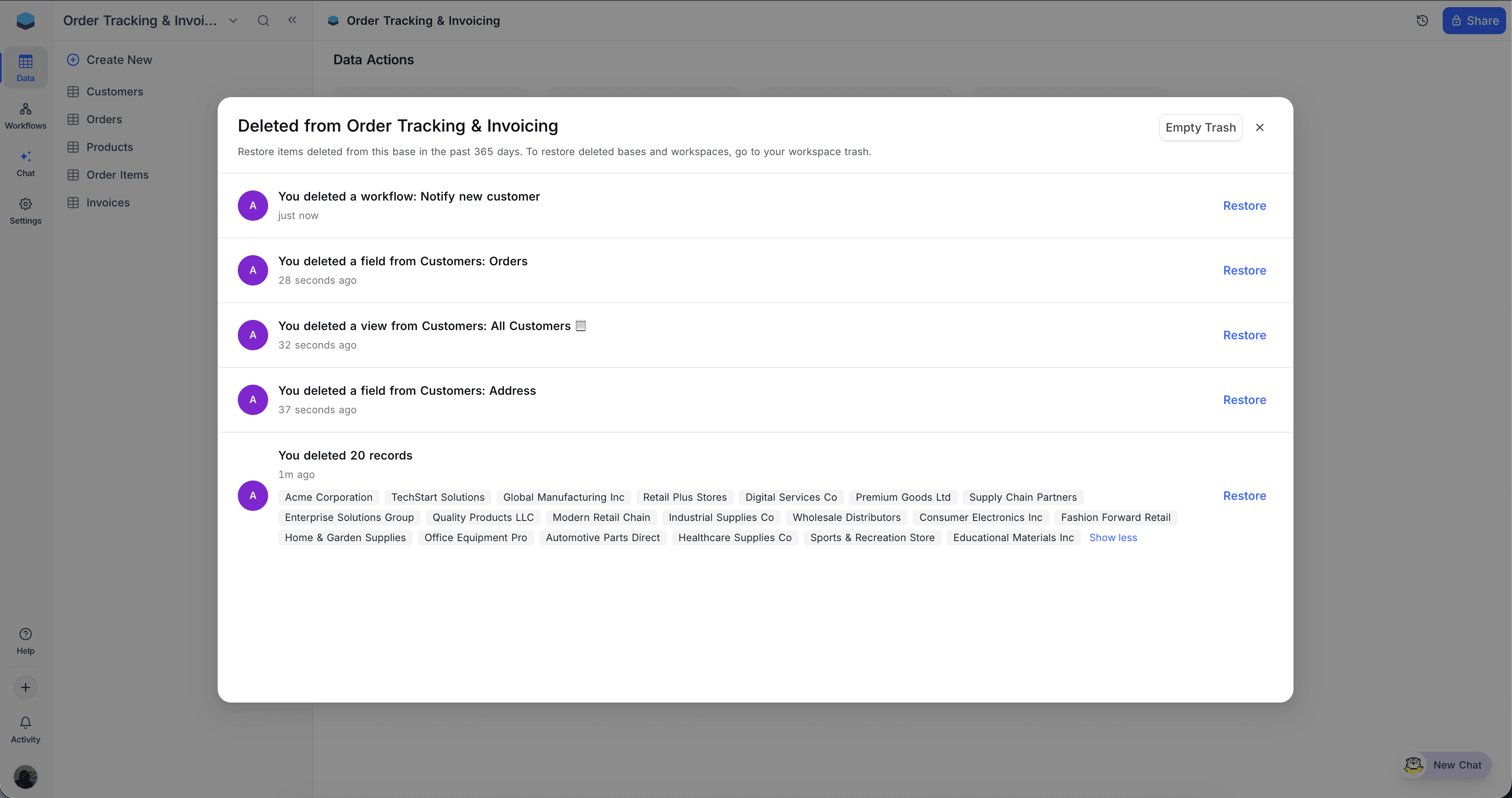Trash modal overview