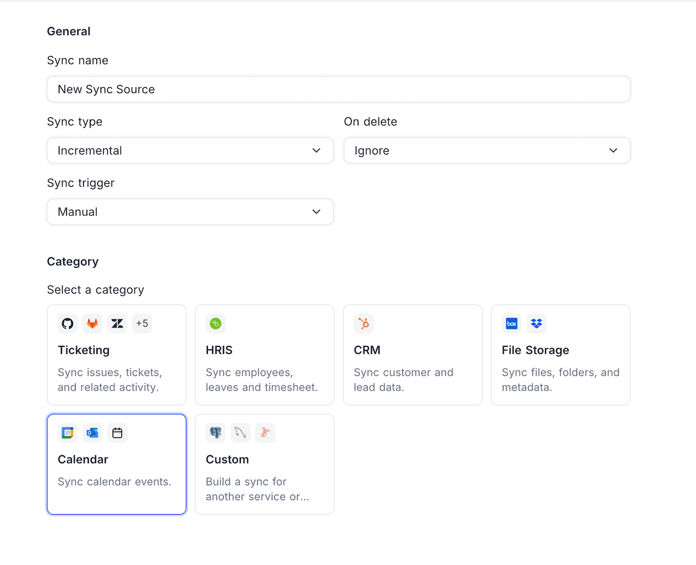 Calendar category in the App Sync wizard