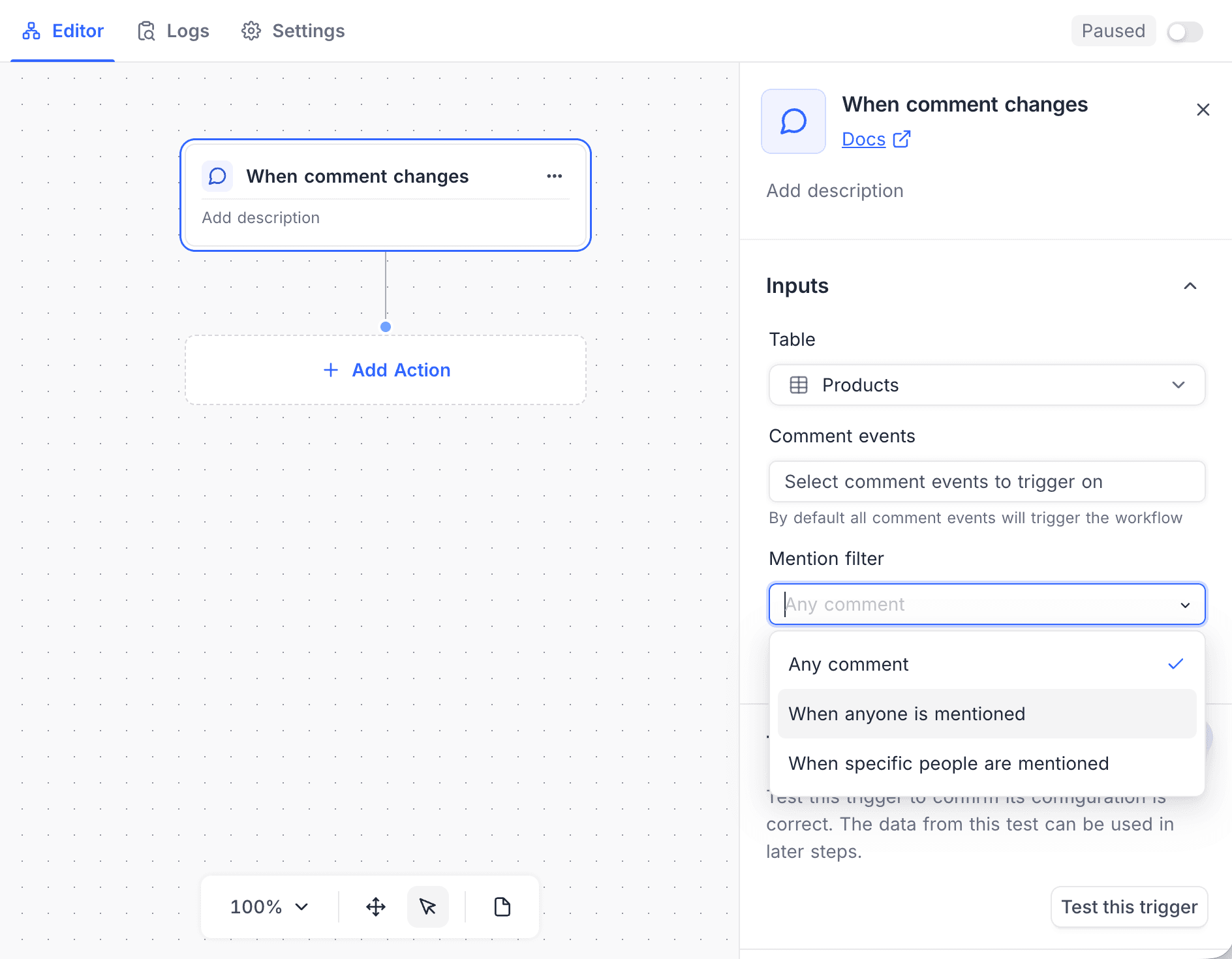 Mention filter options