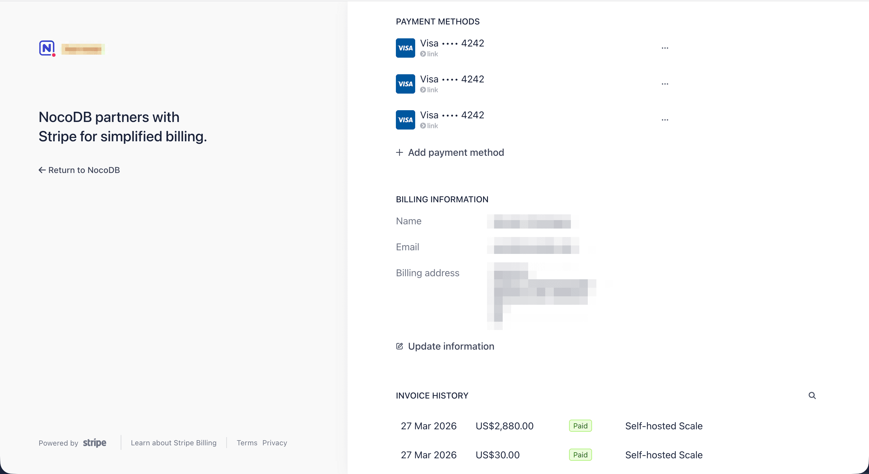 Manage billing, payment methods and invoices