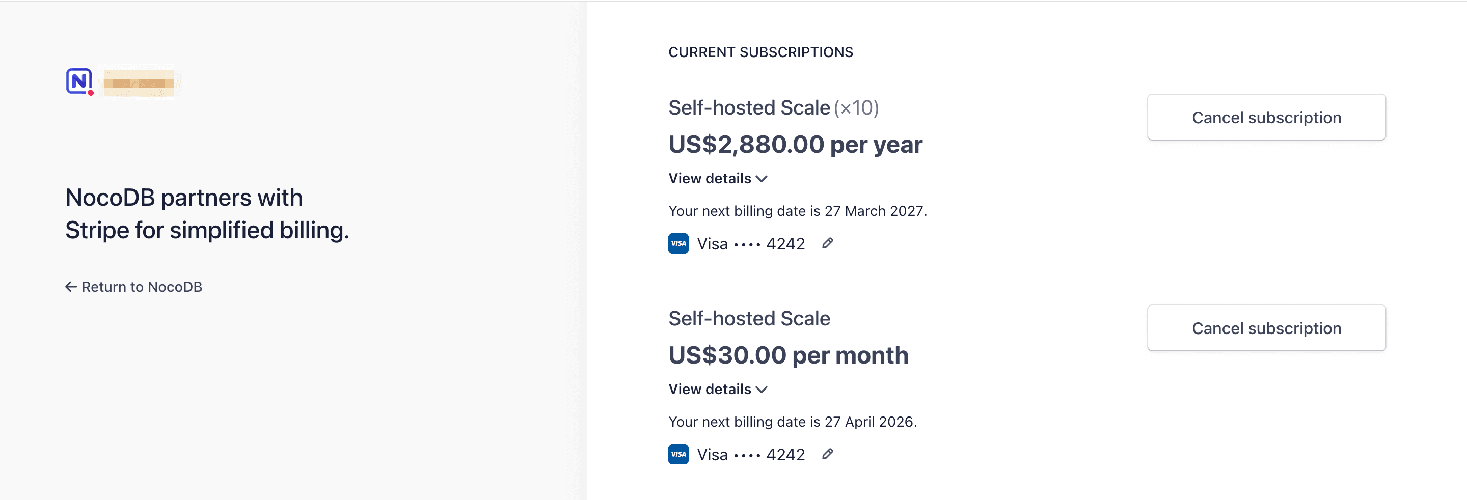 Manage billing, subscriptions view