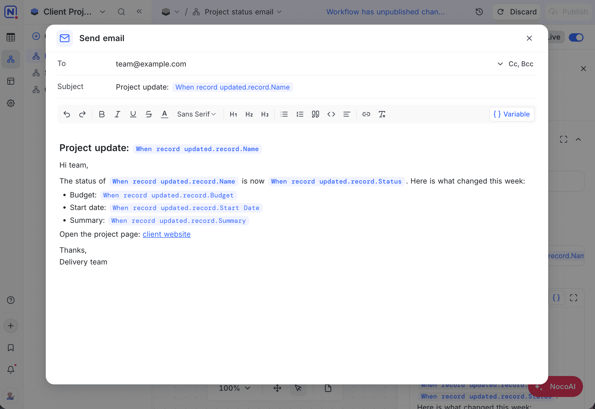 The send email node with the formatting toolbar and a variable chip in the body