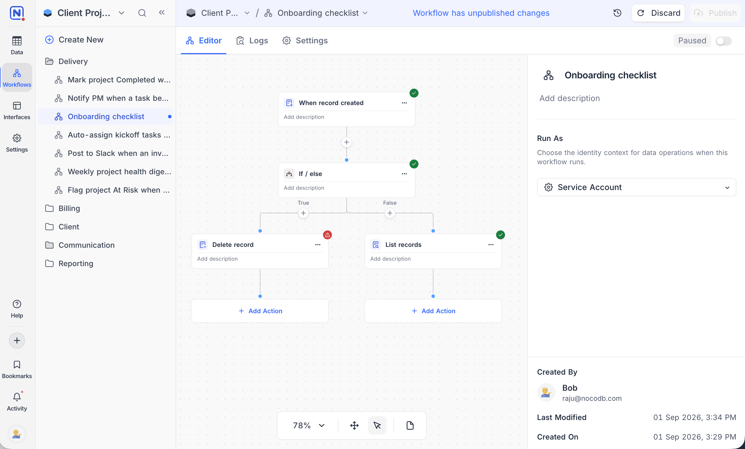 Workflows grouped into folders in the sidebar