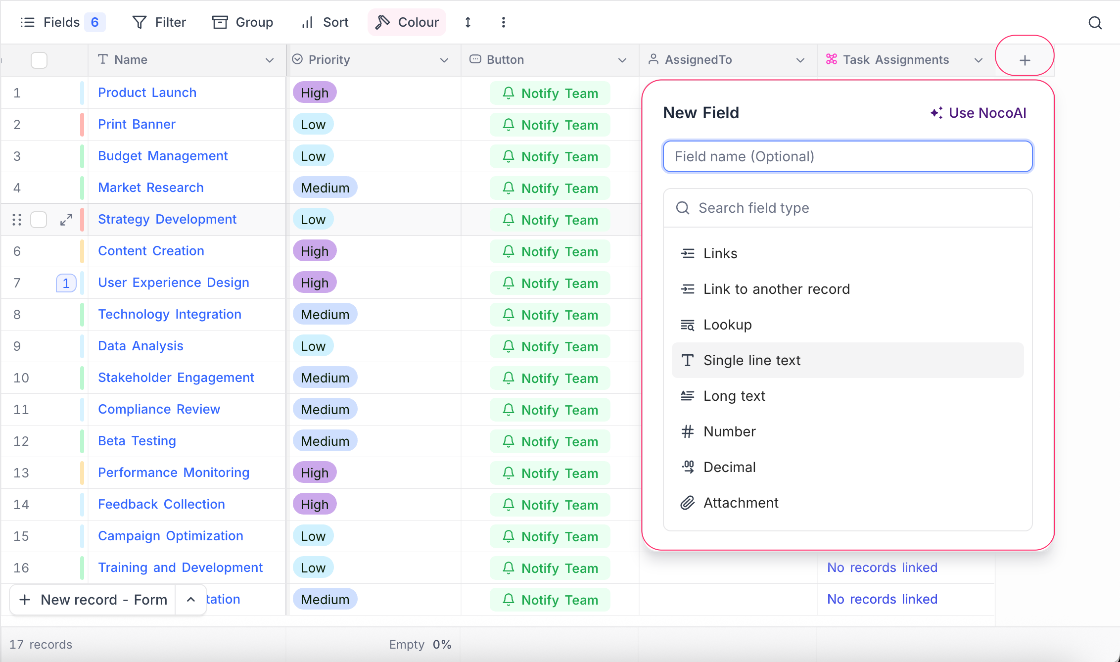 Create new field - select type